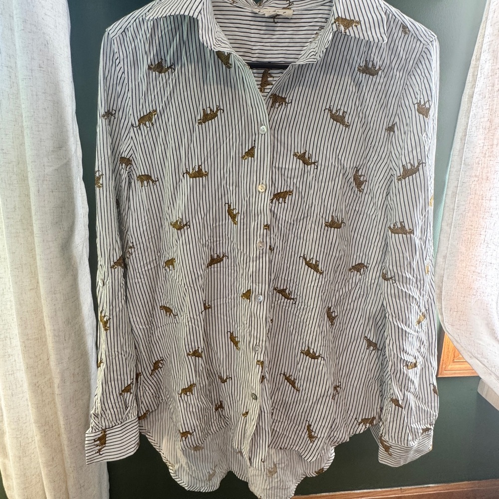 Jane and Delancey White Striped Shirt with Leopard Print
